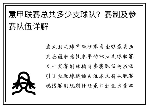意甲联赛总共多少支球队？赛制及参赛队伍详解